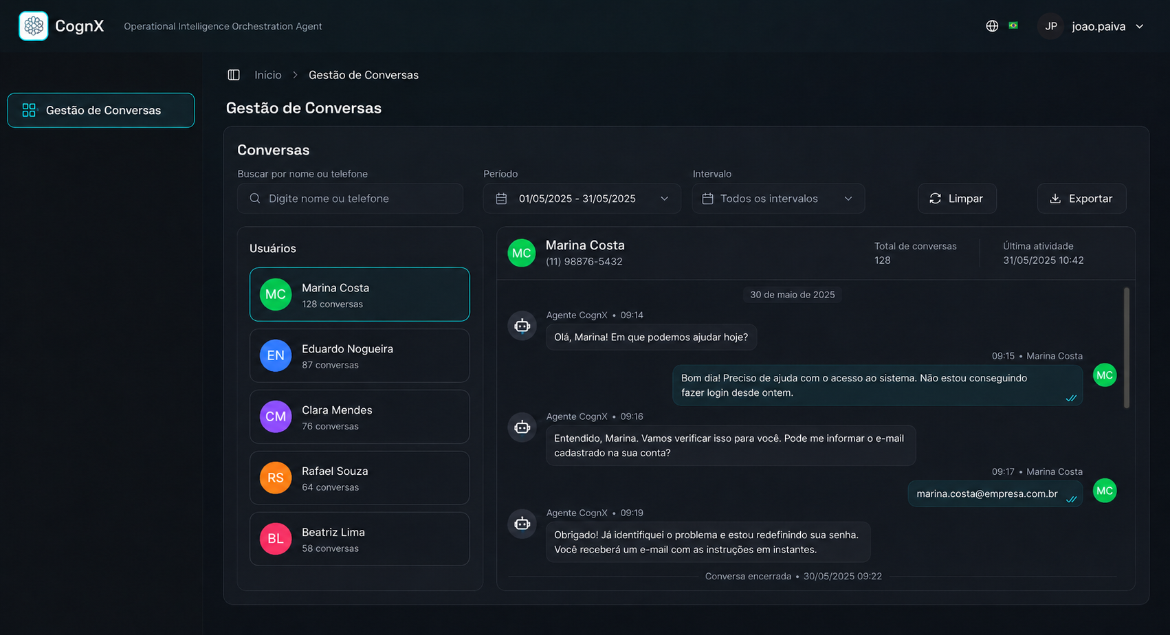 Pré-visualização da Tela Gestão de Conversas CognX
